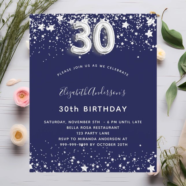 Budget 30th birthday navy blue silver invitation (Creator Uploaded)