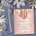 Budget 30th birthday rose gold balloons invitation<br><div class="desc">For an elegant 30th birthday.  A rose gold faux metallic looking background. Decorated with rose gold,  pink faux glitte,  sparkles and balloons.  Personalize and add a name,  and party details. The name is written with a hand lettered style script,  number 30 with balloon style fonts.</div>