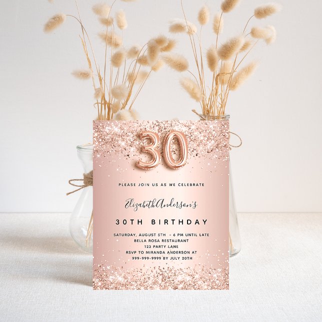 Budget 30th birthday rose gold glitter invitation (Creator Uploaded)