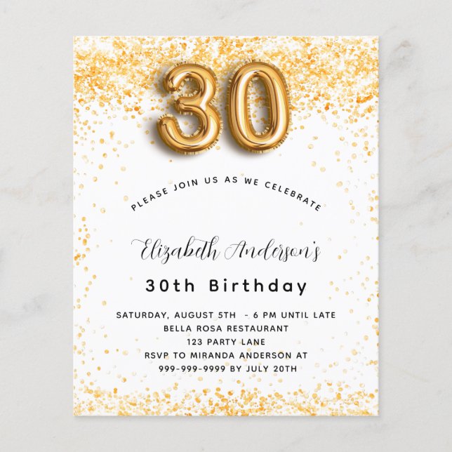 Budget 30th birthday white gold glitter invitation (Front)