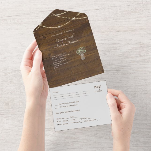 Budget 3 en 1 Invitation au mariage en bois RUSTIQ (Déchirure)