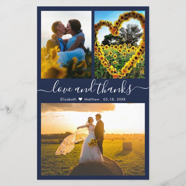Budget 3 Photo Collage Navy Wedding Thank You Card (Front)