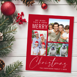 Budget 3 Photo Merry Christmas Red Holiday Card