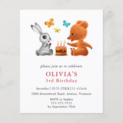 Budget 3rd Birthday Teddy Bear Bunny Invitation