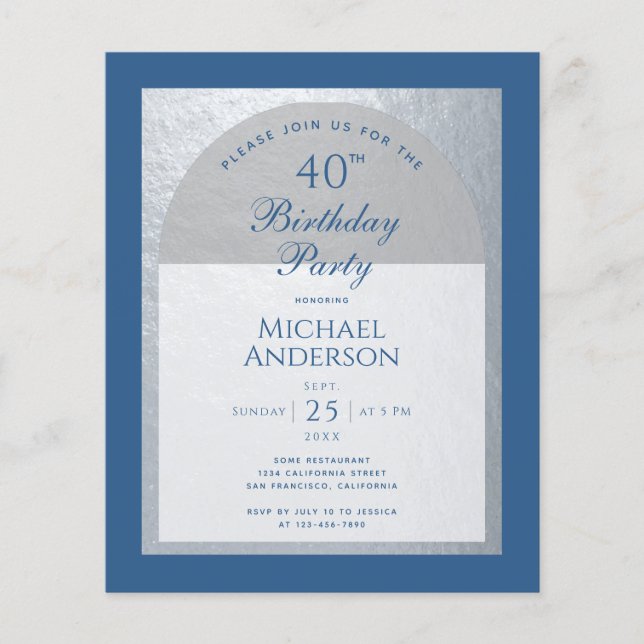 Budget 40 Birthday Classic Blue  Silver Invitation (Front)