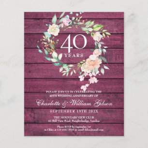 Budget 40th Anniversary Rustic Ruby Wood Invite