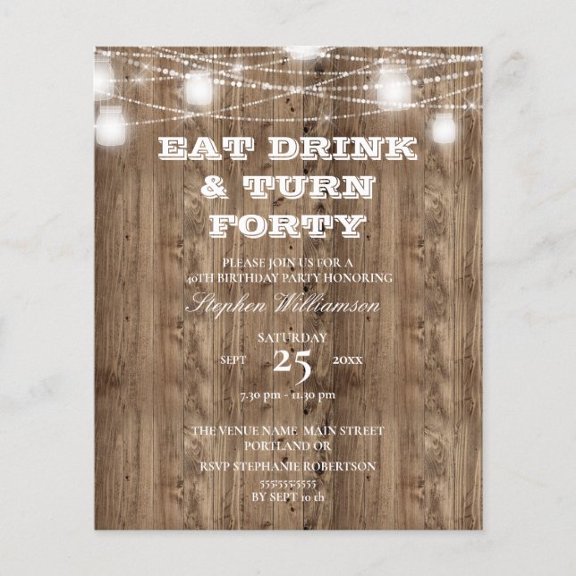 Budget 40th Birthday Barn Wood Eat Drink & Turn 40 (Front)