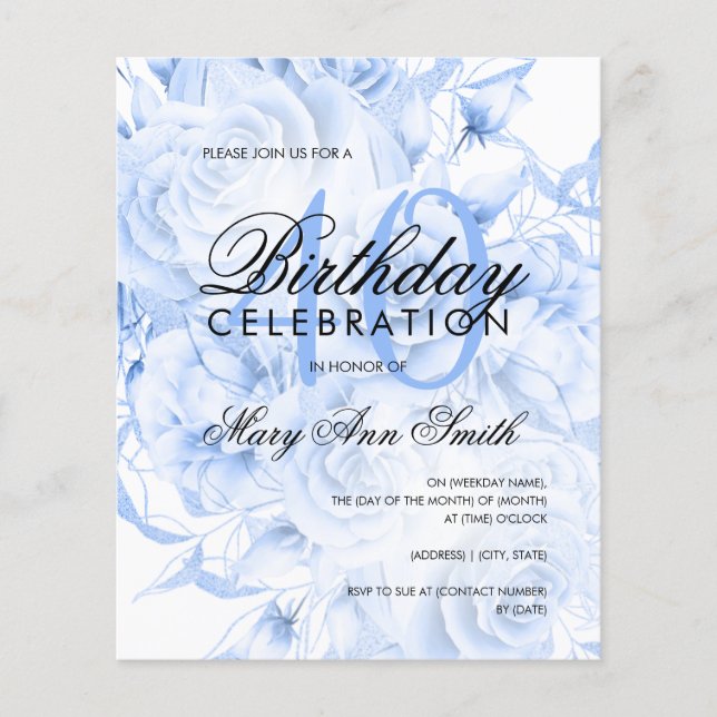 Budget 40th Birthday Floral Navy Blue Invite (Front)