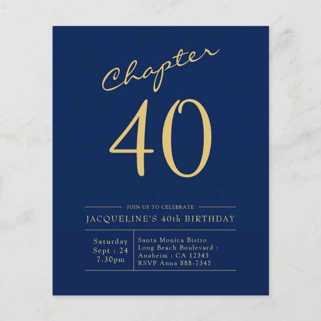 Budget 40th Birthday Invitation Navy Blue Flyer (Front)