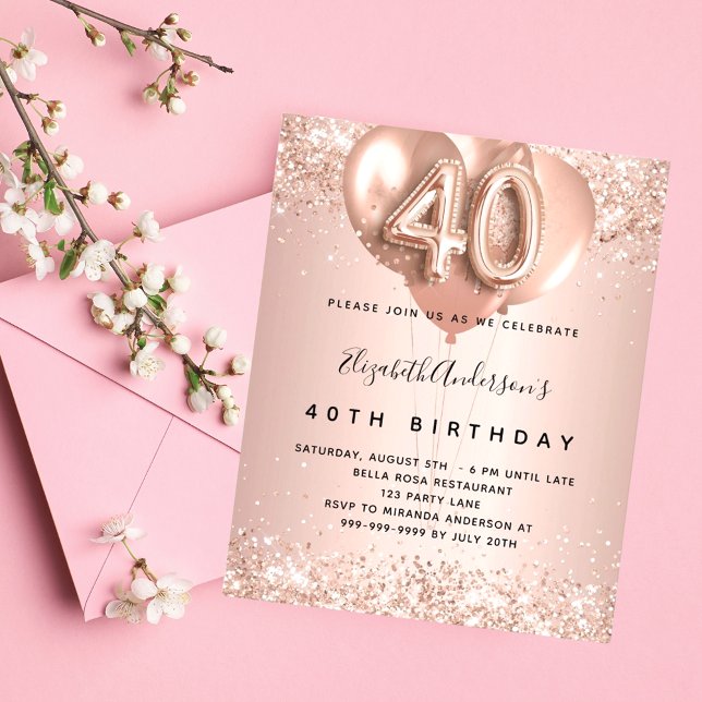 Budget 40th birthday rose gold balloons invitation (Creator Uploaded)