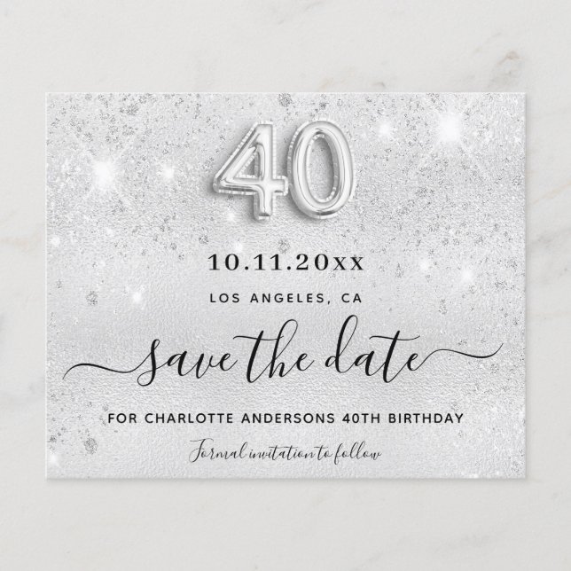 Budget 40th birthday silver glitter save the date (Front)