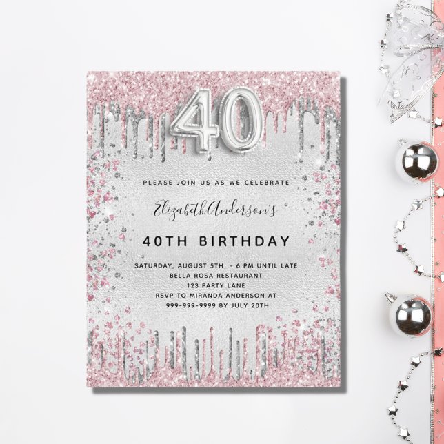 Budget 40th birthday silver pink invitation (Creator Uploaded)