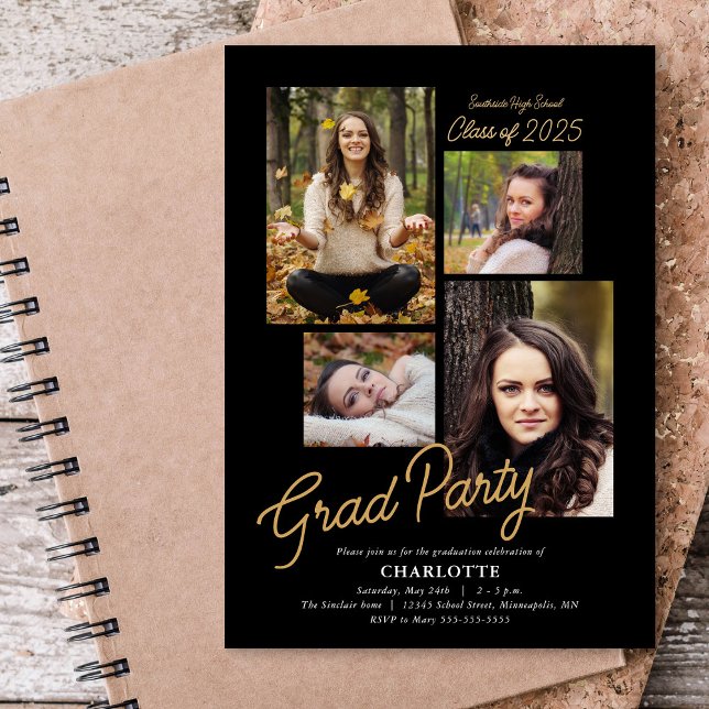 Budget 4 Photo Collage Black Graduation Party  Invitation (Creator Uploaded)