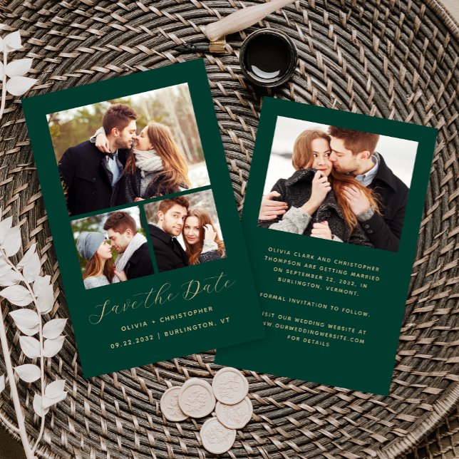 Budget 4-Photo Collage Green Save the Date (Creator Uploaded)