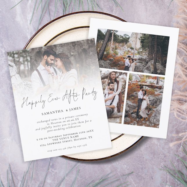 Budget 4 Photo Happily Ever After Wedding Invite (Front and back view. Budget price smaller size. Part of a larg e matching wedding suite)