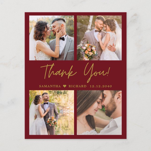Budget 4 Photo Maroon Gold Mariage Carte de remerc (Devant)