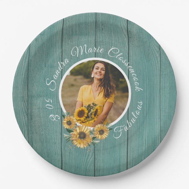Budget 50 and Fabulous | Sunflower Teal Birthday  Paper Plate (Front)