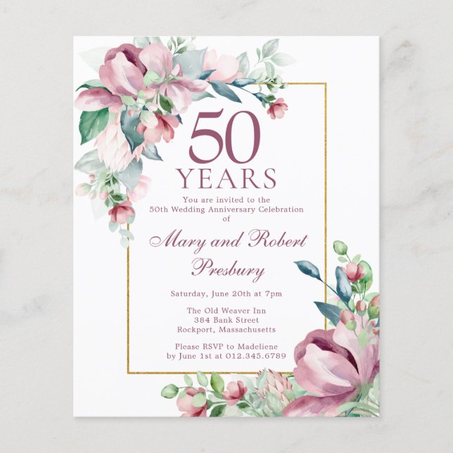 Budget 50th Anniversary Pink Floral Invitation (Front)