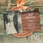 Budget 50th Anniversary Rustic Photo Invitation<br><div class="desc">A budget 50th wedding anniversary invitation featuring string lights and delicate golden love hearts confetti on a rustic wood background. Personalize with your favourite wedding photo and your special 50th golden wedding anniversary celebration details in chic typography. Designed by Thisisnotme©</div>