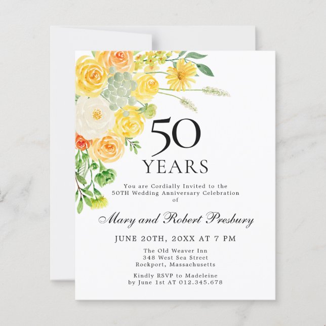 Budget 50th Anniversary Yellow Floral Invitation (Front)