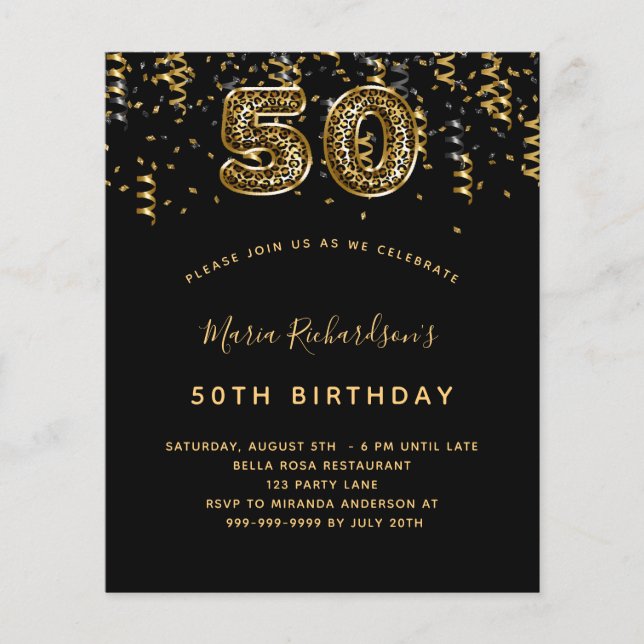 Budget 50th birthday black gold leopard party (Front)