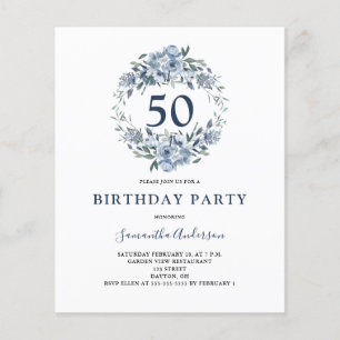 Budget 50th Birthday Blue Floral Invitation