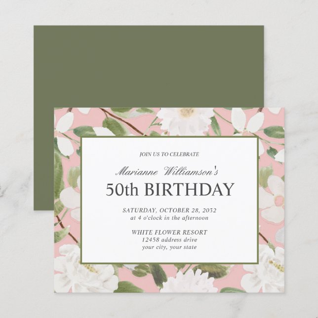 Budget 50th Birthday Feminine White Flowers Pink (Front/Back)
