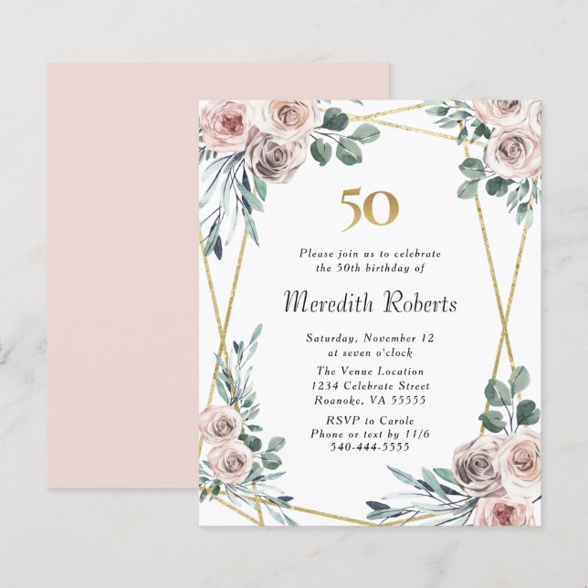 Budget 50th Birthday Floral Gold Party Invite (Front/Back)