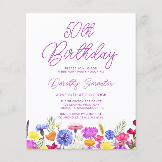BUDGET 50th Birthday Purple Wildflower Invitation (Front)