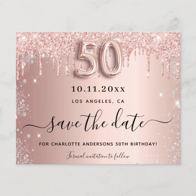 Budget 50th birthday rose glitter save the date (Front)