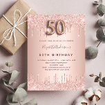 Budget 50th Birthday rose gold glitter invitation<br><div class="desc">A modern, stylish and glamourous invitation for a 50th birthday party. A faux rose gold metallic looking background with an elegant faux rose gold glitter drip, paint drip look. The name is written with a modern dark rose gold coloured hand lettered style script. Personalize and add your party details. Number...</div>