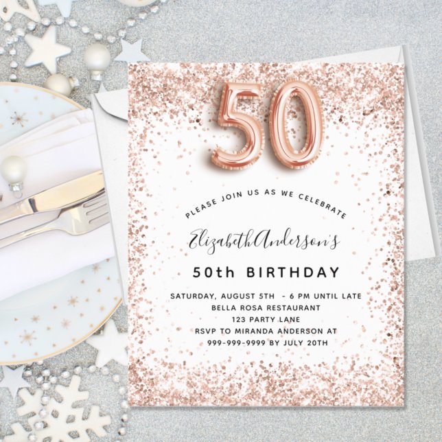 Budget 50th birthday rose gold white invitation (Creator Uploaded)