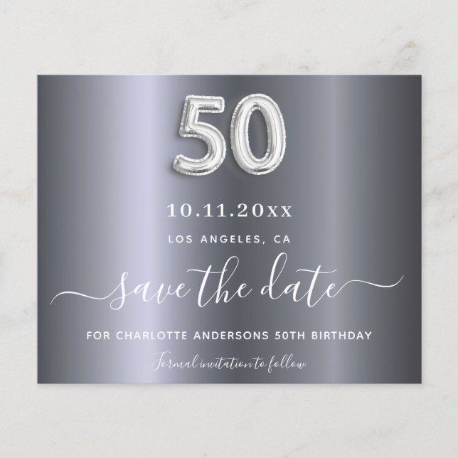 Budget 50th birthday silver metal save the date (Front)