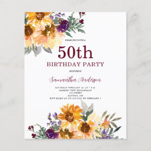 Budget 50th Birthday Sunflower Invitation Flyer