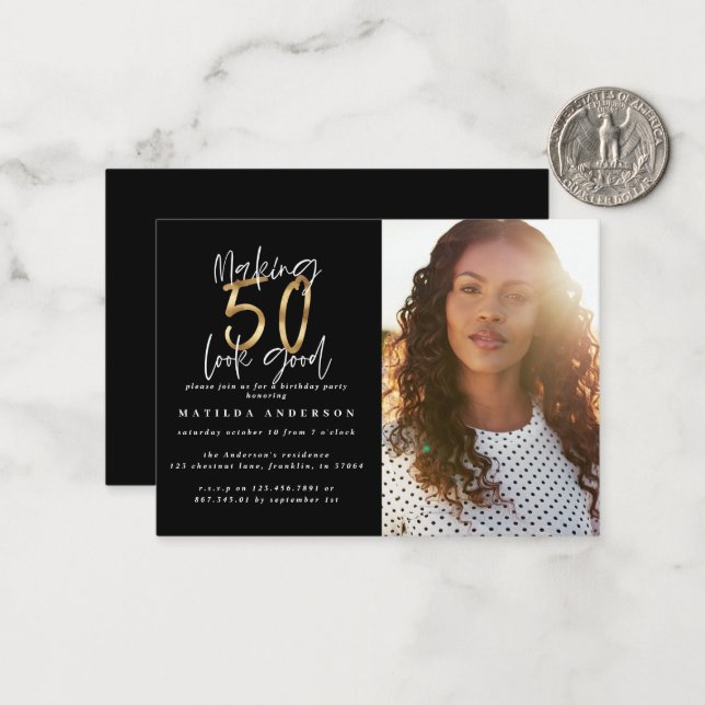 budget 50th look good photo birthday invitation (Front/Back In Situ)