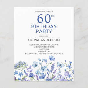 Budget 60th Birthday Blue Floral Invitation