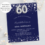 Budget 60th birthday navy blue silver invitation<br><div class="desc">A modern,  stylish and glamourous invitation for a 60th birthday party.  A navy blue background,  decorated with faux silver stars. Personalize and add your name and party details.  Number 60 is written with a balloon style font.</div>