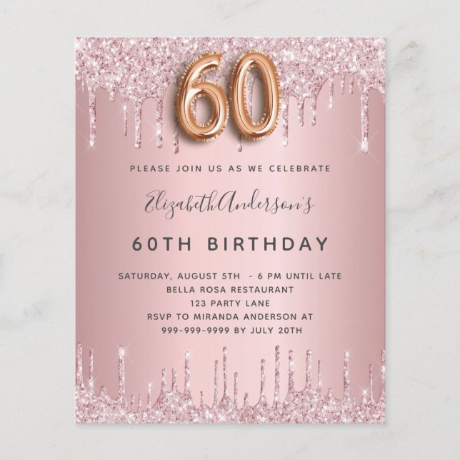 Budget 60th Birthday pink dusty rose glitter drips (Front)