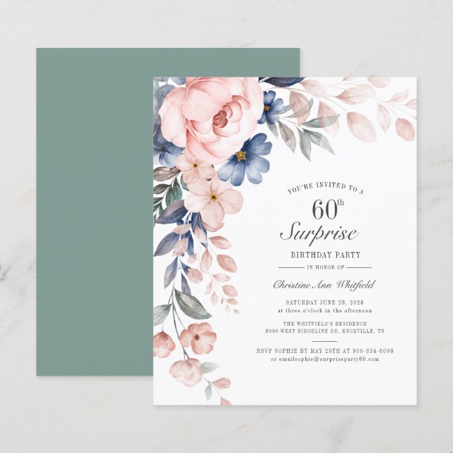 Budget 60th Birthday Pink Floral Script Invitation (Front/Back)