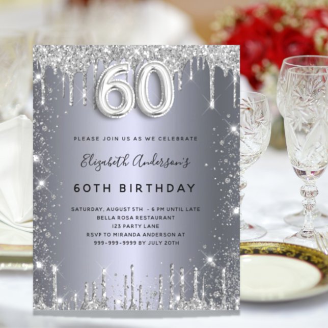 Budget 60th birthday silver glitter invitation (Creator Uploaded)