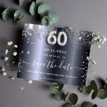 Budget 60th birthday silver glitter save the date<br><div class="desc">An elegant Save the Date card for a 60th birthday party. A modern faux silver metallic looking background, decorated with faux glitter dust. Personalize and add a date and name/age. The text: Save the Date is written with a large trendy hand lettered style script. Number 60 with a balloon style...</div>