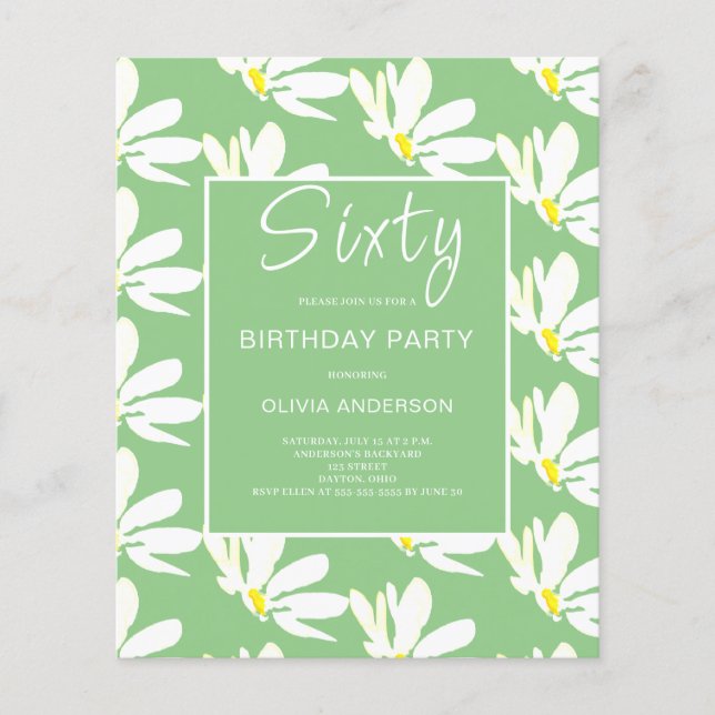 Budget 60th Birthday White Floral Invitation (Front)