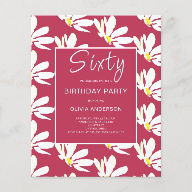 Budget 60th Birthday White Floral Invitation Flyer (Front)