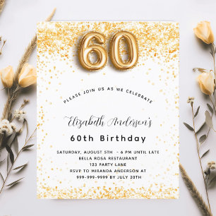 Budget 60th birthday white gold glitter invitation