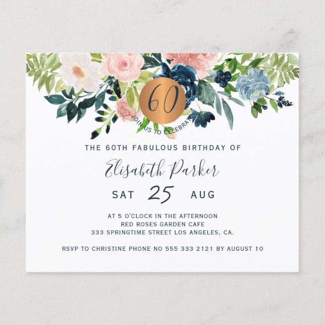 Budget 60th floral birthday party Invitation Flyer (Front)