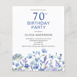 Budget 70th Birthday Blue Floral Invitation Flyer