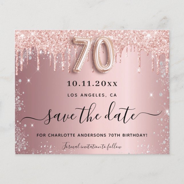Budget 70th birthday blush silver save the date (Front)