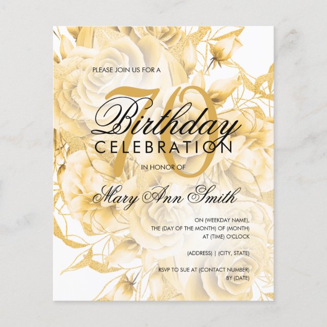 Budget 70th Birthday Floral Gold Invite (Front)