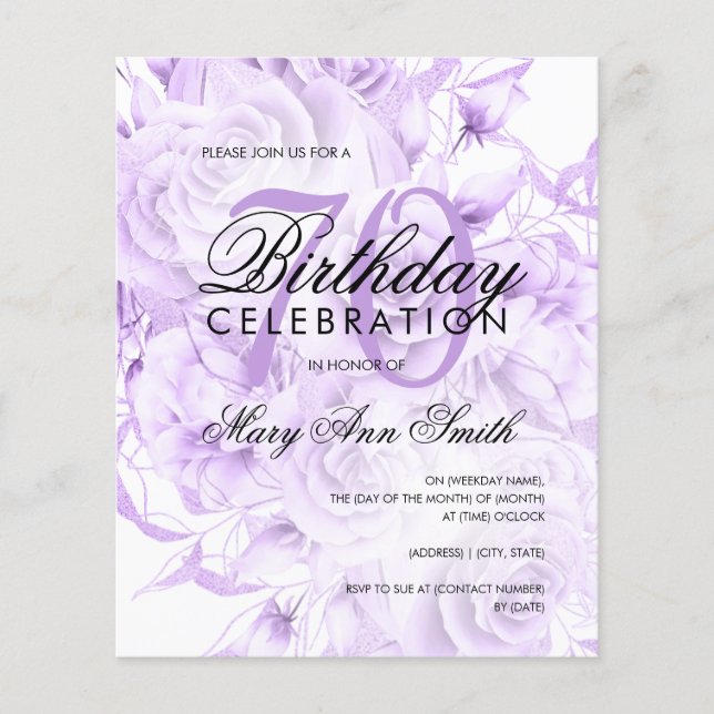 Budget 70th Birthday Floral Purple Invite (Front)