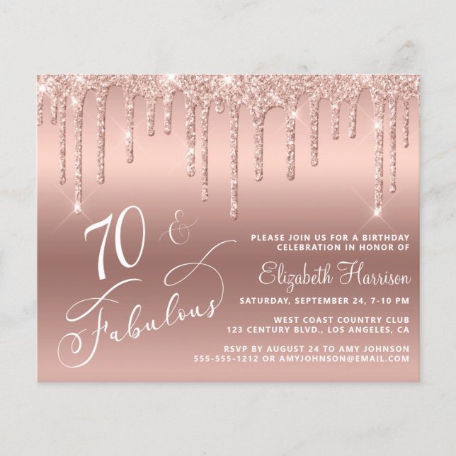 Budget 70th Birthday Glitter Rose Gold Invitation Flyer (Front)